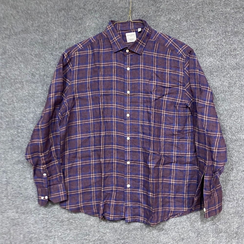 Murano Baird McNutt Linen Shirt Mens XL Slim Fit Plaid Long Sleeve Blue Purple